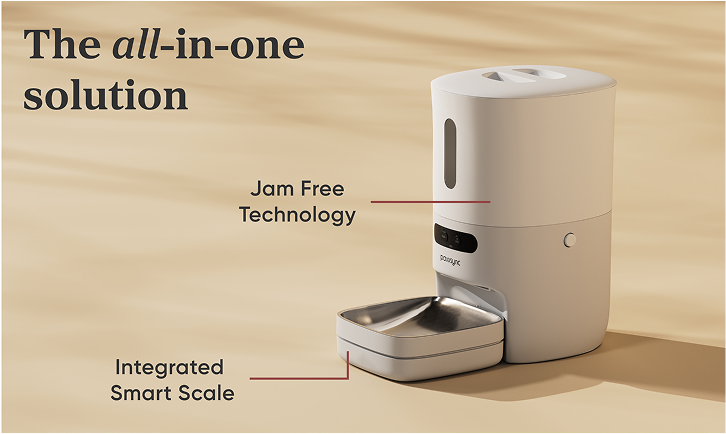 Social media ad featuring smart pet feeder benefits.